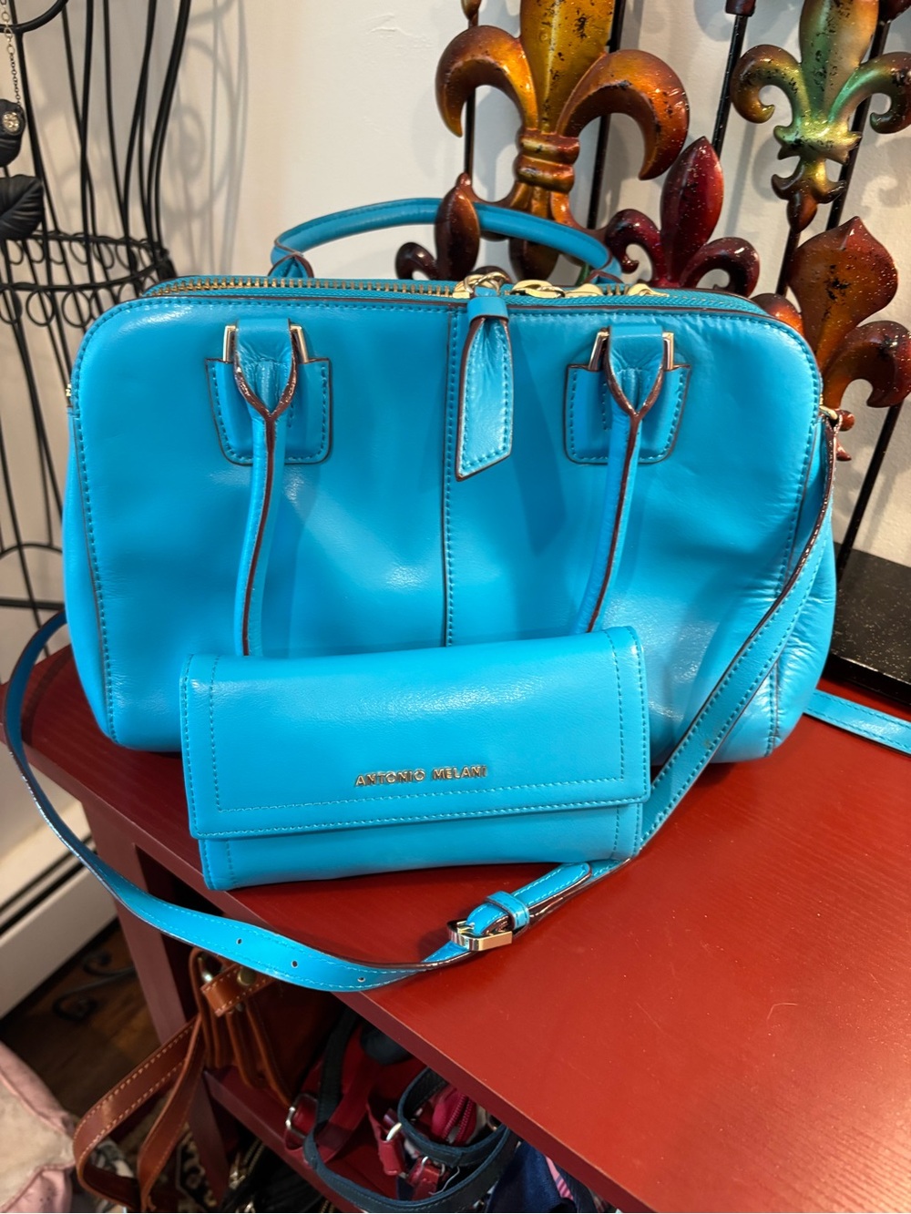 ANTONIO MELANI Turquoise Leather Crossbody Satchel with Wallet